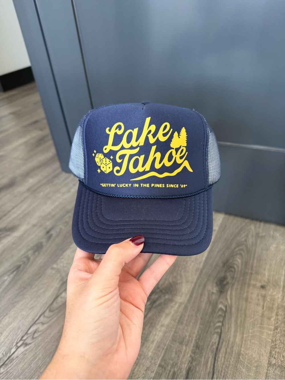 Lake Tahoe Navy Trucker Hat with Yellow Logo